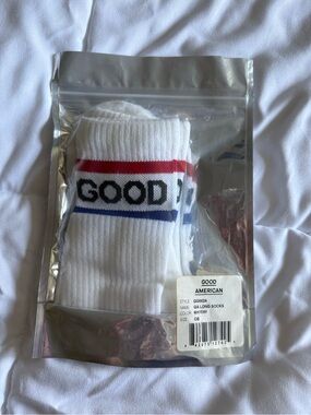 Good American White Crew Socks with Red & Blue Stripes